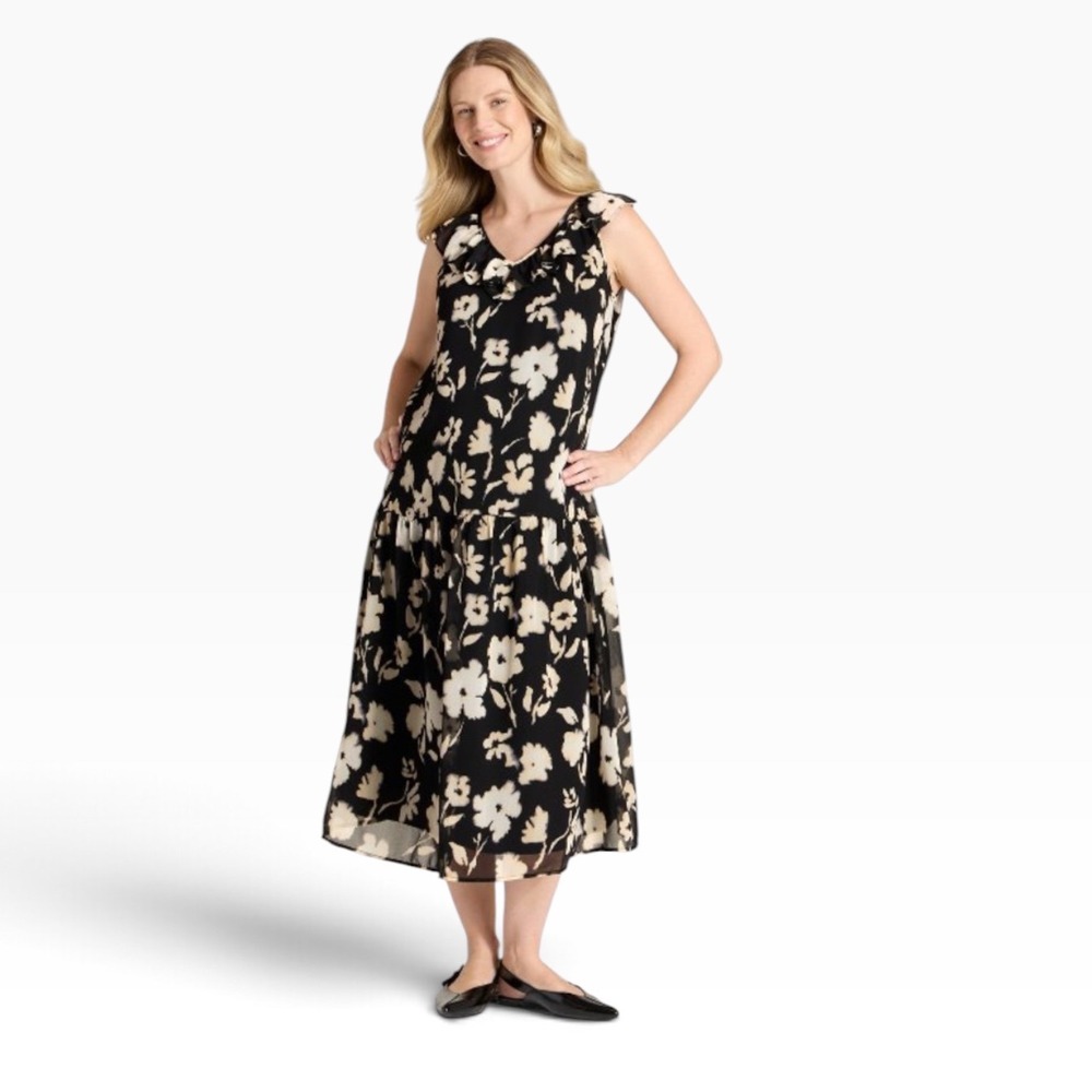 Isabel Maternity Flutter Sleeve Drop Waist Maxi Dress Black Cream Floral M NWT